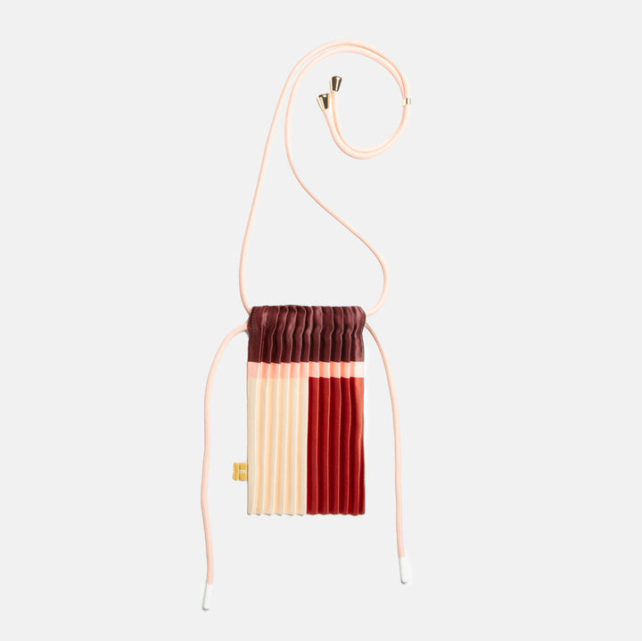 satin pleated mini crossbody bag in red, burgundy, cream & pink with cord adjustable strap