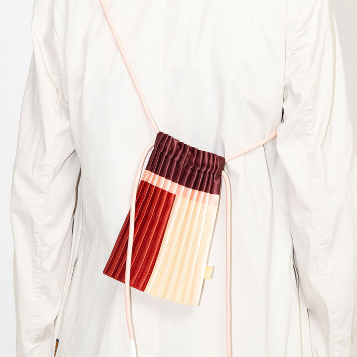 satin pleated mini crossbody bag in red, burgundy, cream & pink with cord adjustable strap