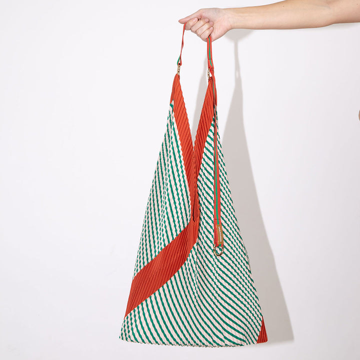 green and white striped pleated Y shoulder bag with red contrast trim and red & green stripe shoulder strap