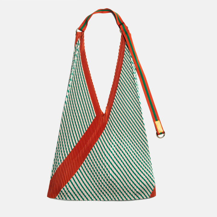 green and white striped pleated Y shoulder bag with red contrast trim and red & green stripe shoulder strap