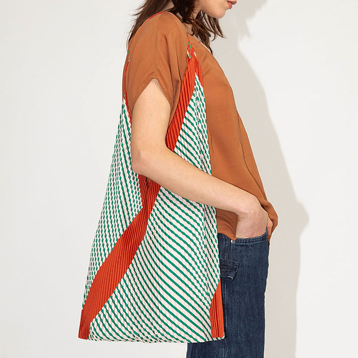green and white striped pleated Y shoulder bag with red contrast trim and red & green stripe shoulder strap