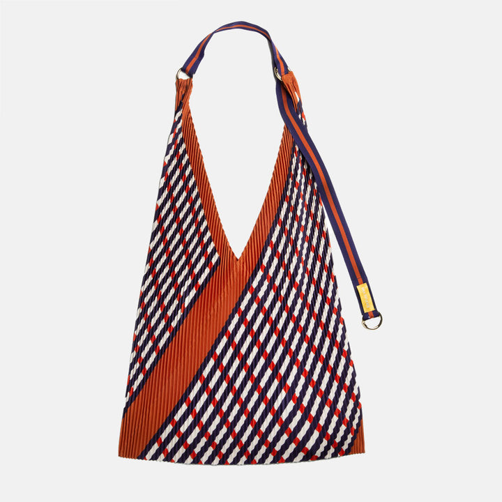 red, blue & white stripe pleated Y bag with red & blue stripe shoulder strap