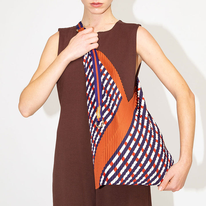 red, blue & white stripe pleated Y bag with red & blue stripe shoulder strap