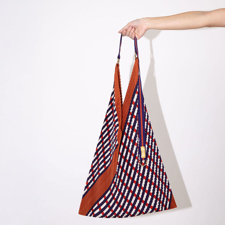 red, blue & white stripe pleated Y bag with red & blue stripe shoulder strap