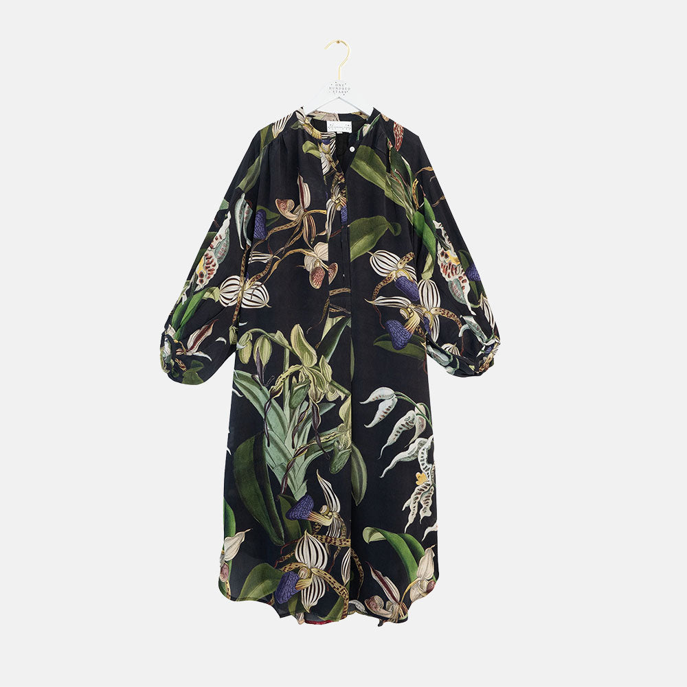 mid length dress mandarin collar dress in matt black with orchid print in green, blue & ivory