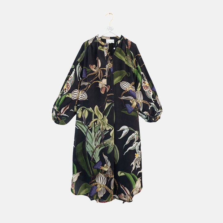 mid length dress mandarin collar dress in matt black with orchid print in green, blue & ivory