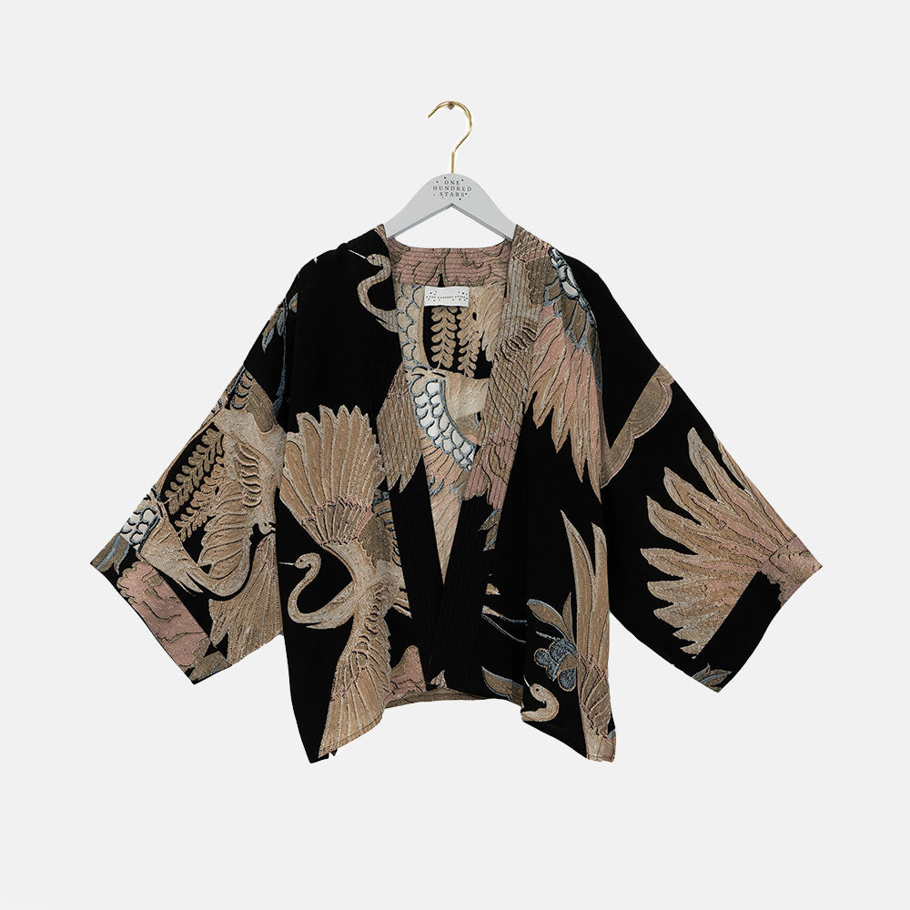 black short kimono jacket with cranes design in sand & light pink