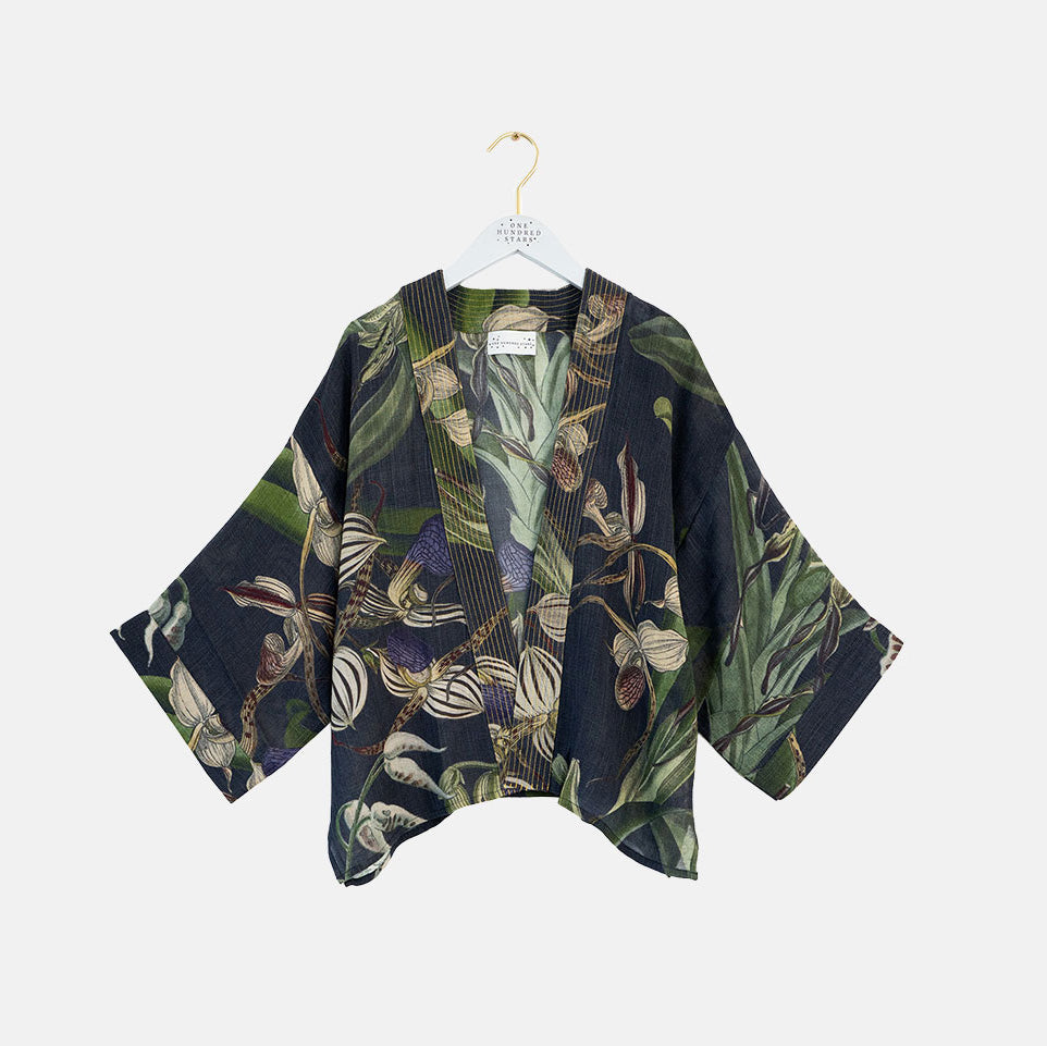 black wool short kimono jacket with orchid print in green and purple