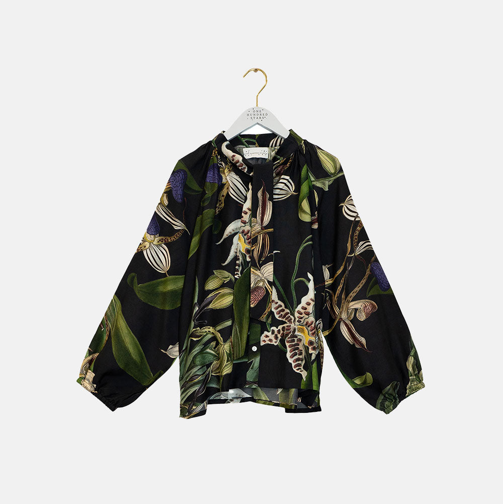 black pussy bow blouse shirt with orchid print in green, blue, ivory and yellow