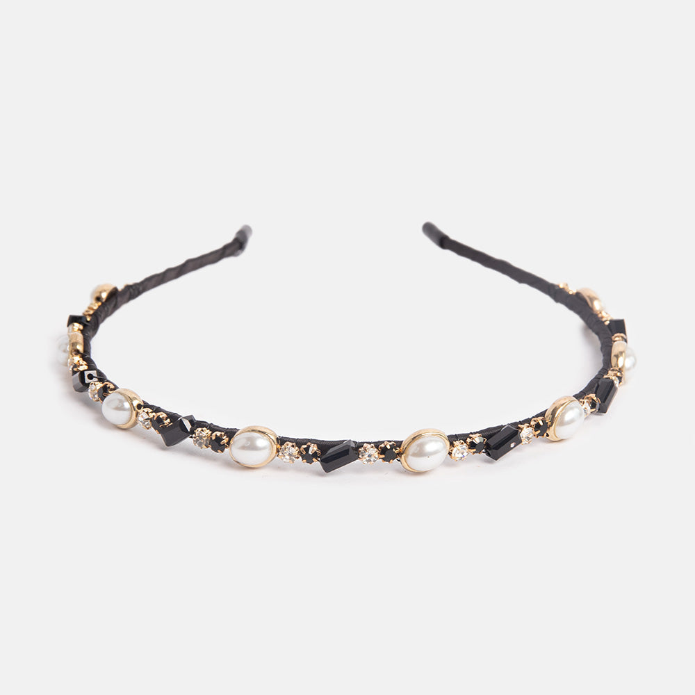 black hairband with black crystals and pearls set in gold hardware