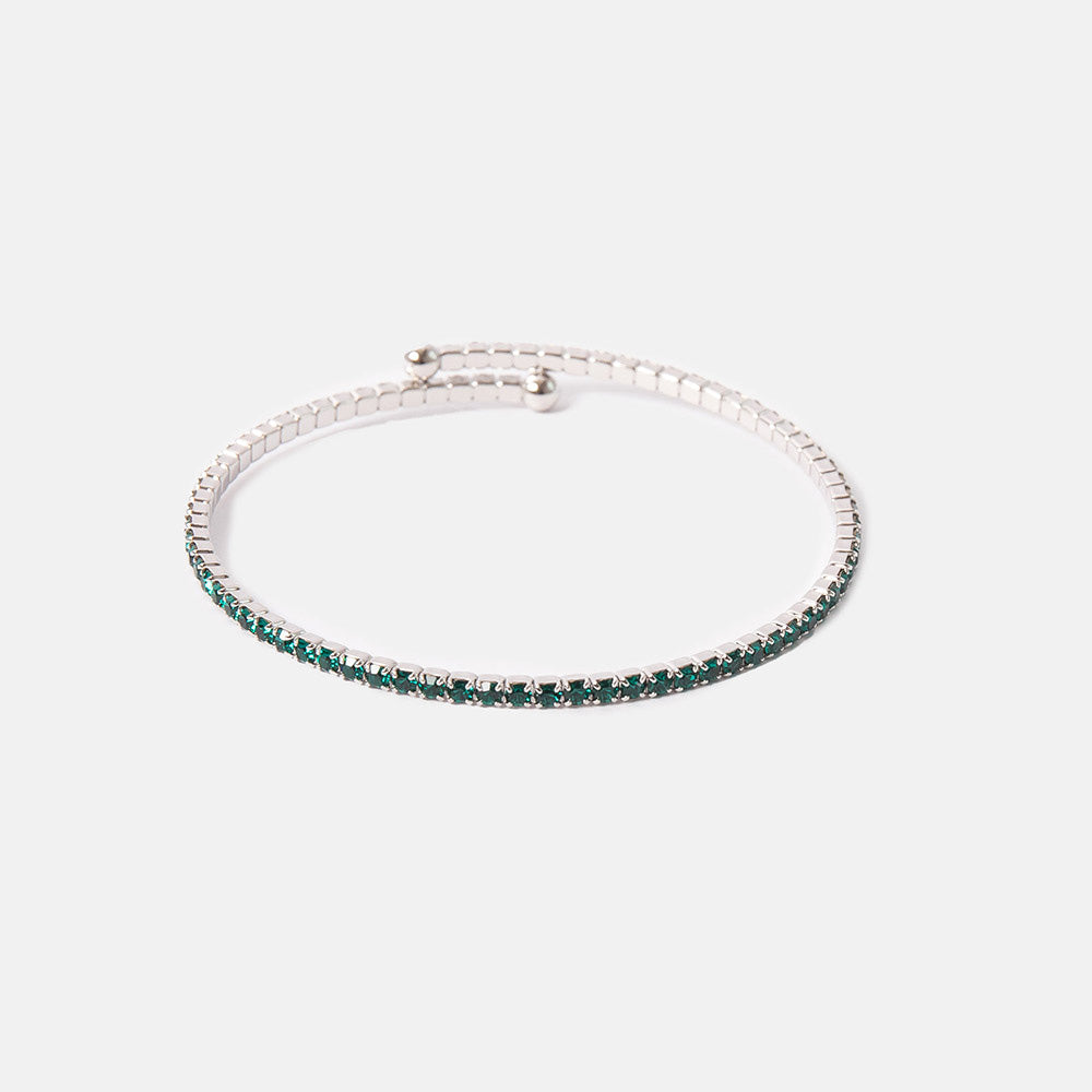 slim silver bangle set with emerald green crystals
