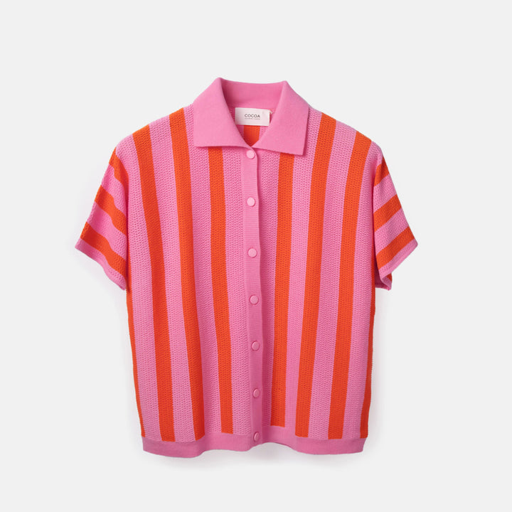 Pink and orange striped knitted shirt on a white background