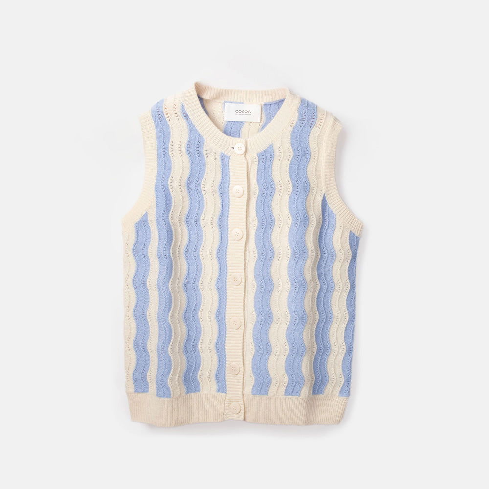 Knitted button up vest with blue and cream pattern on a white background