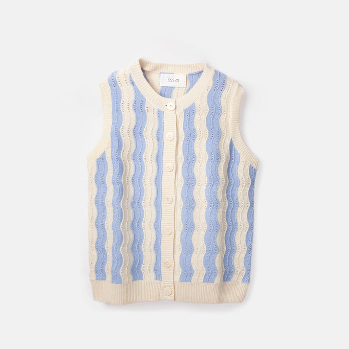 Knitted button up vest with blue and cream pattern on a white background