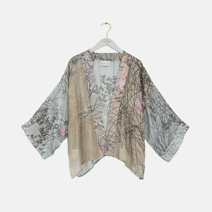 grey & green short kimono jacket with pink floral design