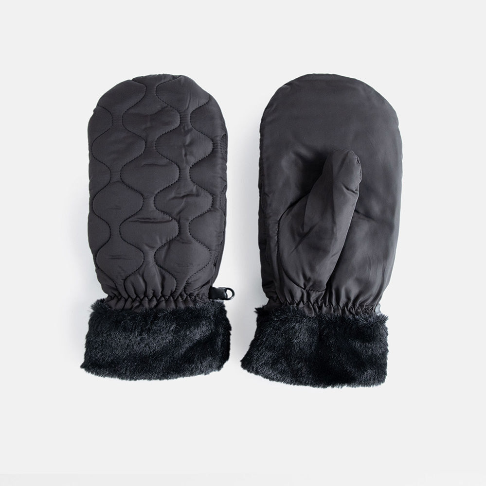 black quilted mittens with faux fur lining