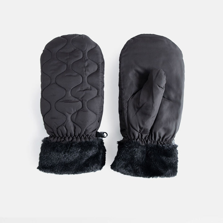 black quilted mittens with faux fur lining