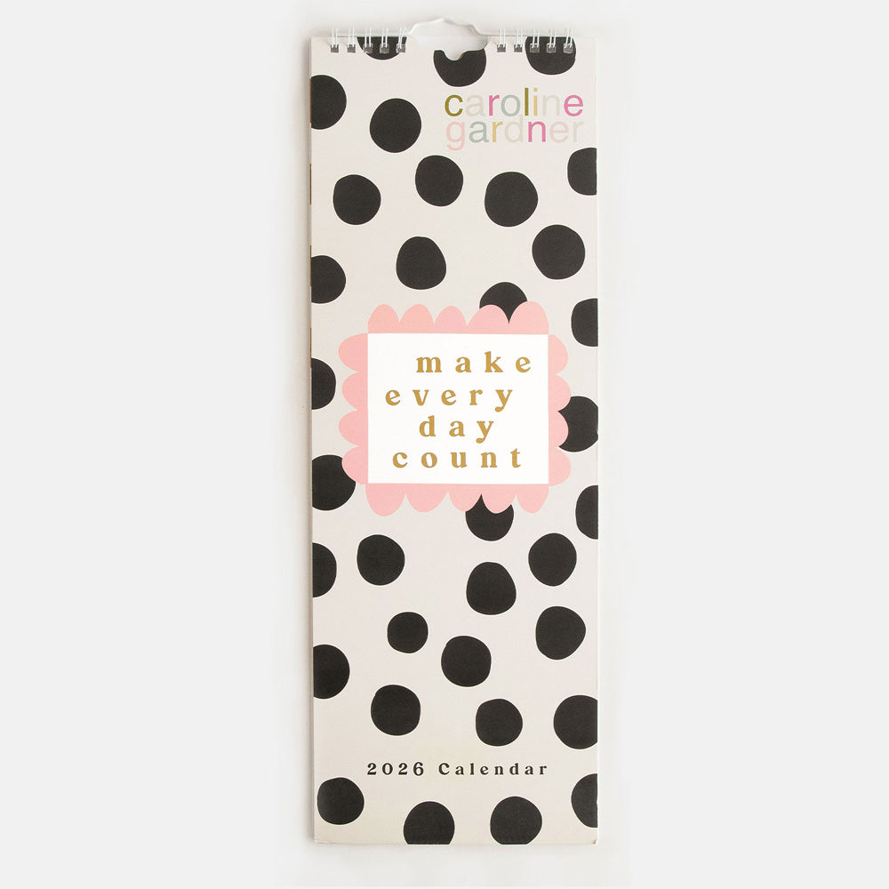 2026 slim wall calendar with monochrome spots front cover and words 'make every day count'
