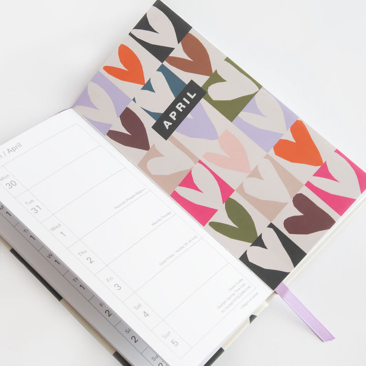 slim hardcover 2026 diary with week to view and colourful block hearts design 