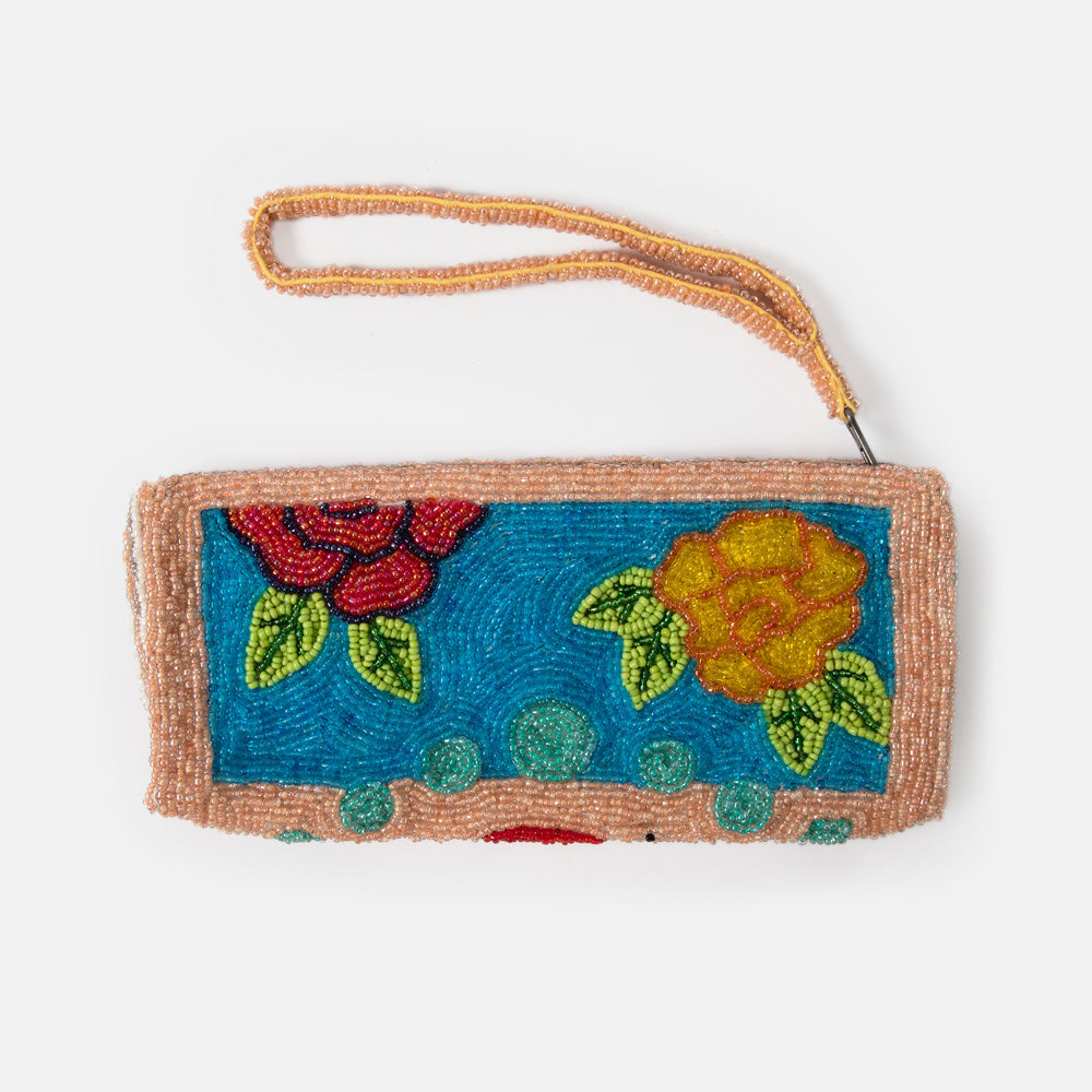 Beaded clutch or glasses case with colourful flowers design on a white background