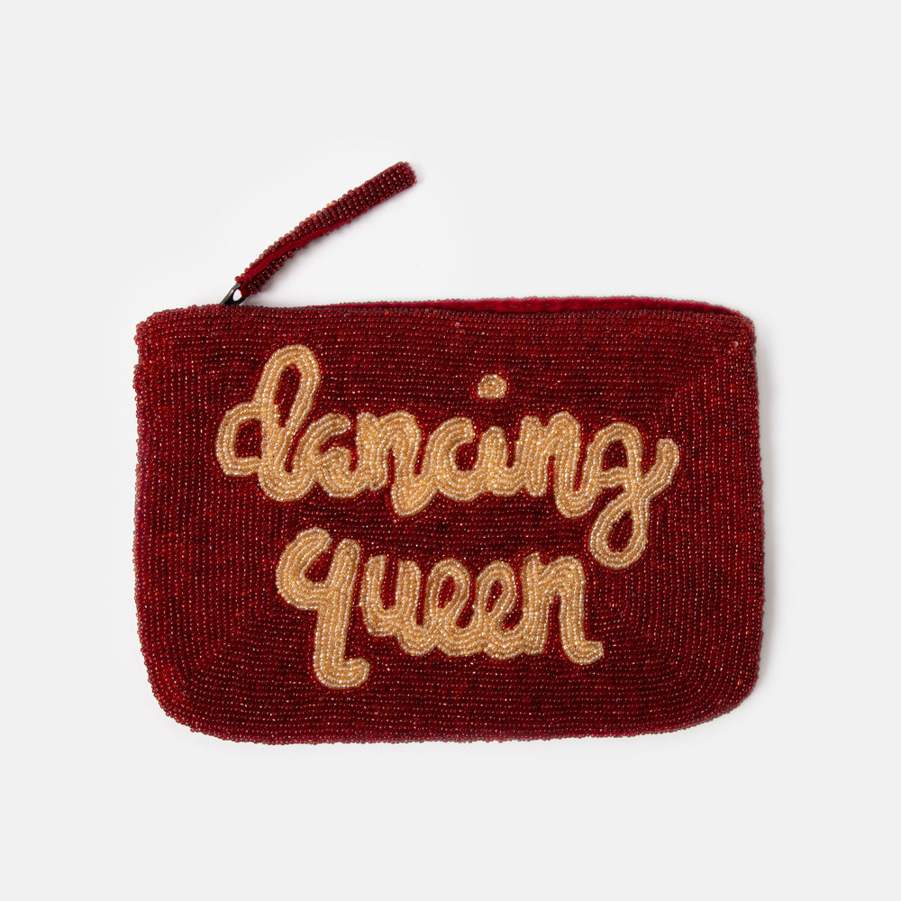 Red beaded clutch bag with 'Dancing Queen' text on a white background