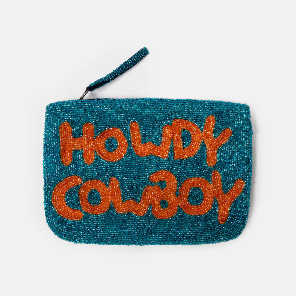 Teal clutch bag with 'Howdy Cowboy' text on a white background