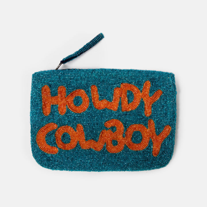 Teal clutch bag with 'Howdy Cowboy' text on a white background