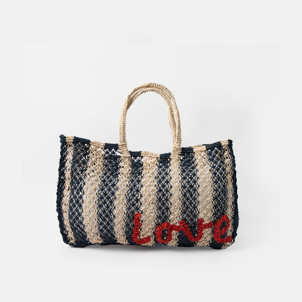 blue striped jute shopper bag with the word love in red, against a white background
