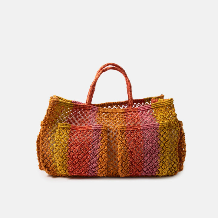 pink & yellow striped jute shopper bag with the word sunday in red, against a white background