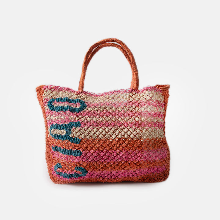 pink, orange & natural stripe jute shopper bag with the word 'ciao' in blue, against a white background