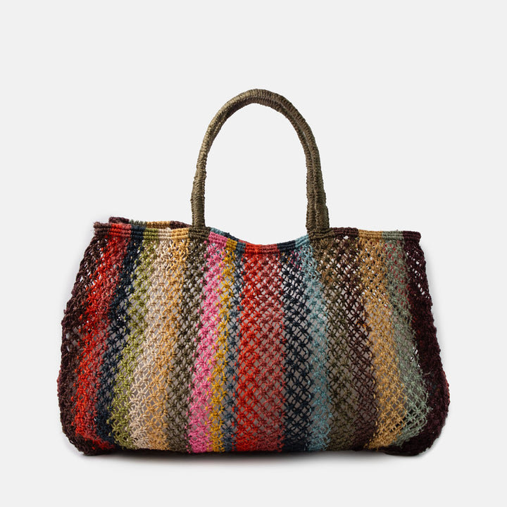 multicoloured stripe jute shopper bag on a white background