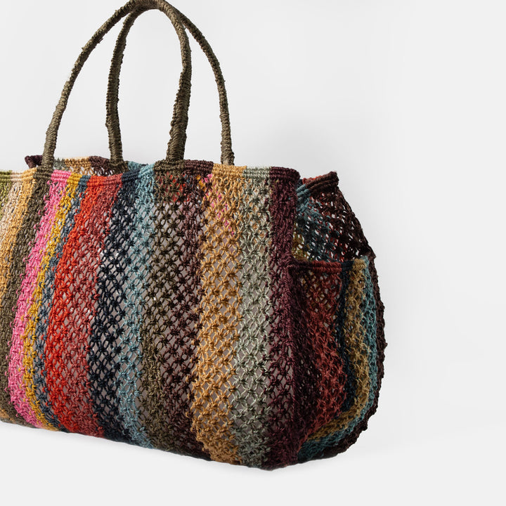 multicoloured stripe jute shopper bag on a white background