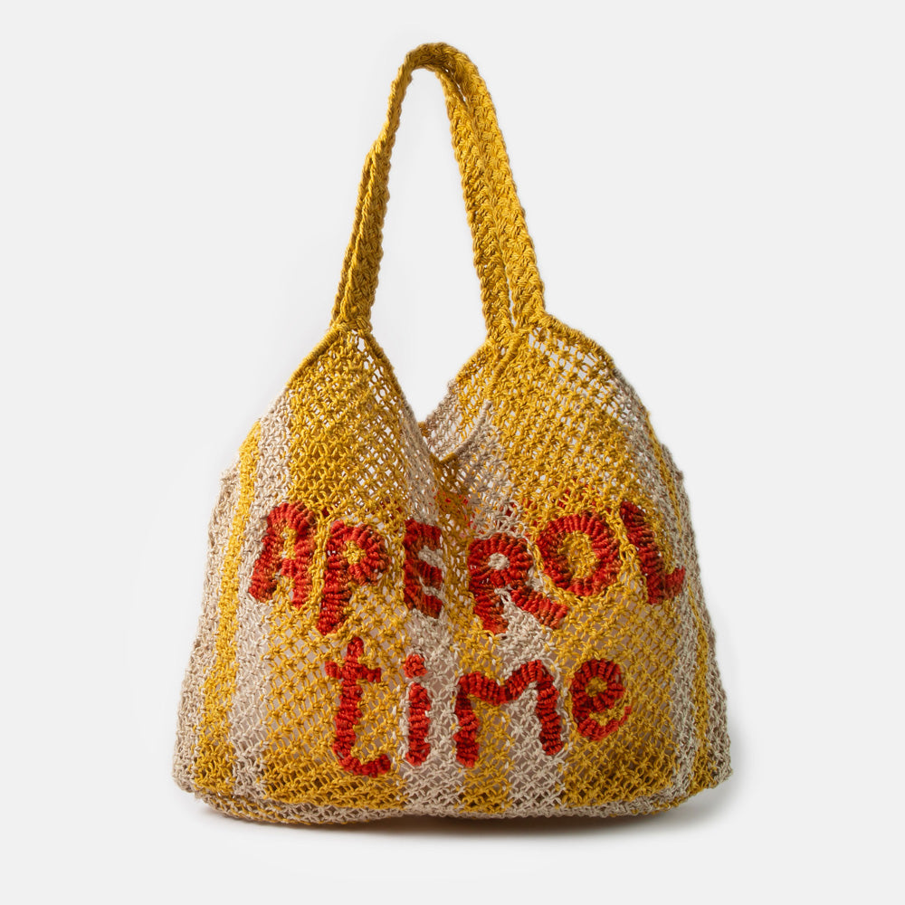 yellow stripe jute shopper bag with words 'aperol time' in red, against a white background