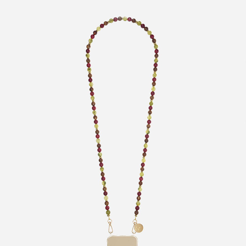beaded long phone chain with green, brown and burgundy beads and gold clasps