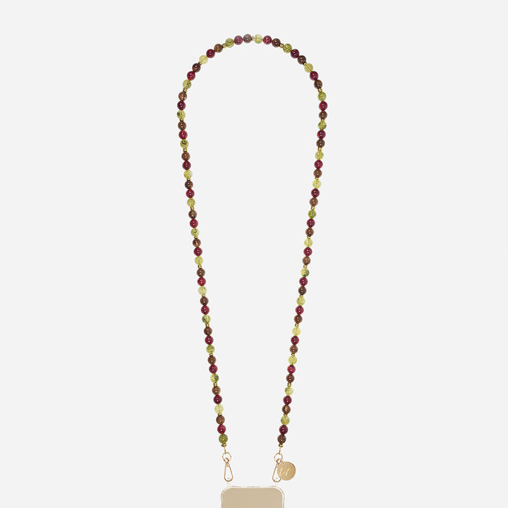 beaded long phone chain with green, brown and burgundy beads and gold clasps
