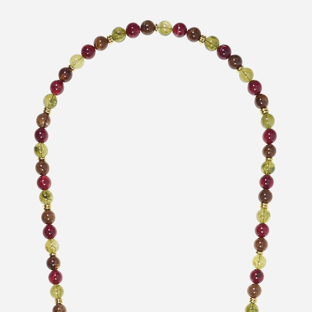 beaded long phone chain with green, brown and burgundy beads and gold clasps