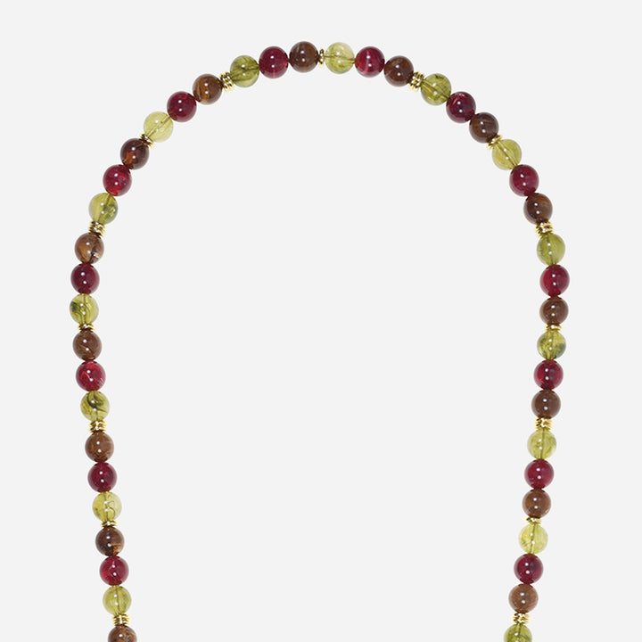beaded long phone chain with green, brown and burgundy beads and gold clasps