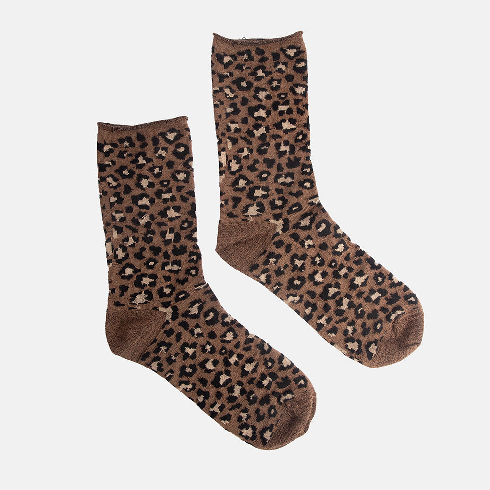 Pair of brown leopard print sparkly socks on a light grey background