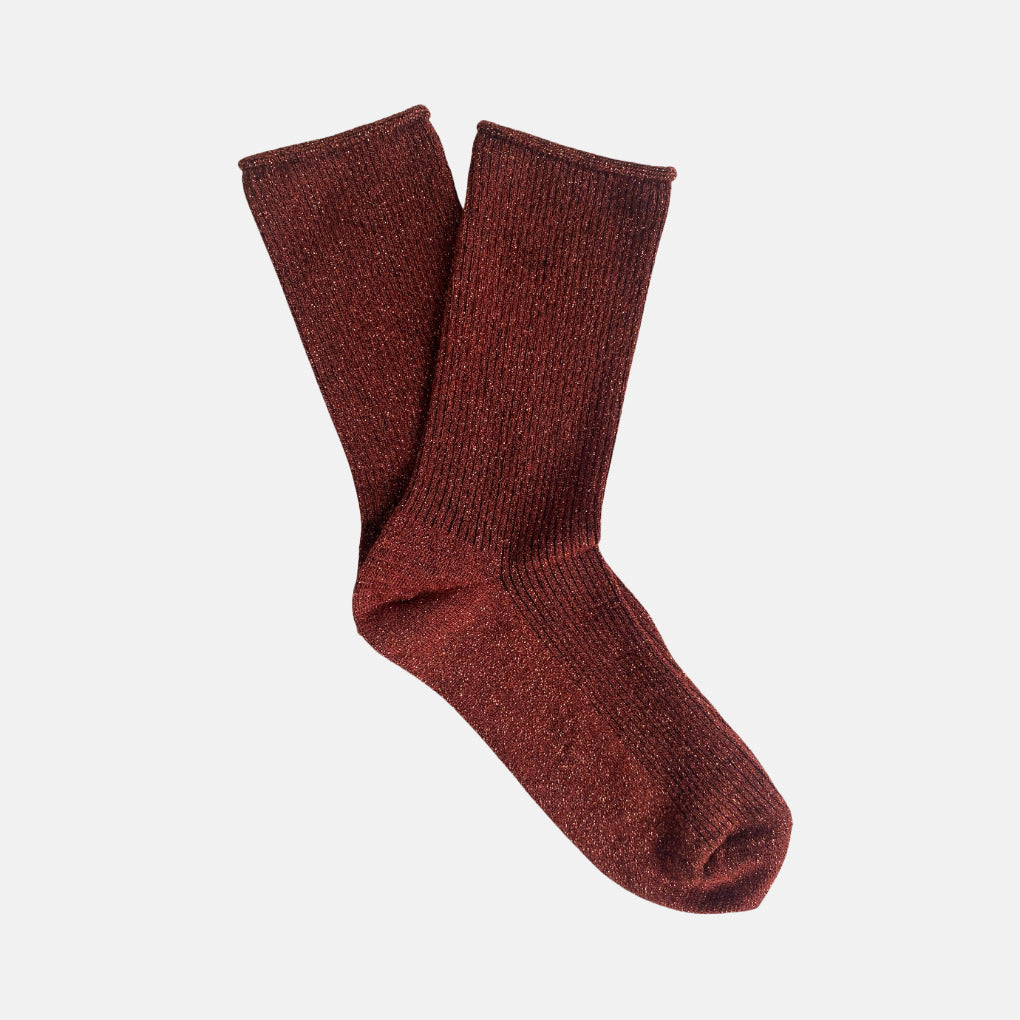 pair of burgundy ribbed sparkly socks