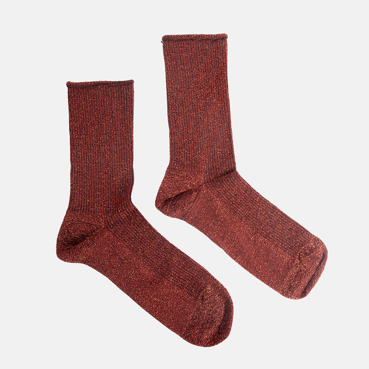 pair of burgundy ribbed sparkly socks
