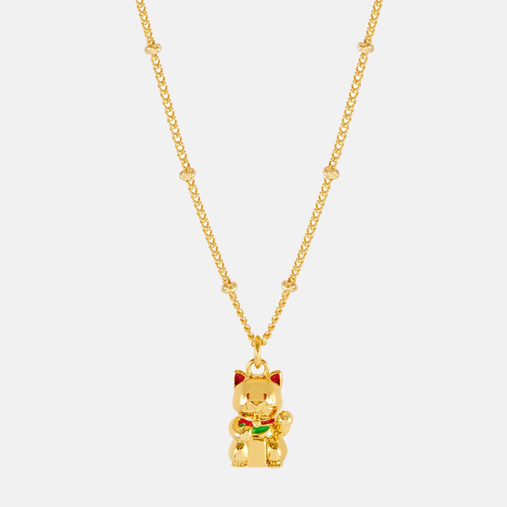 Gold necklace with a cat-shaped pendant on a white background