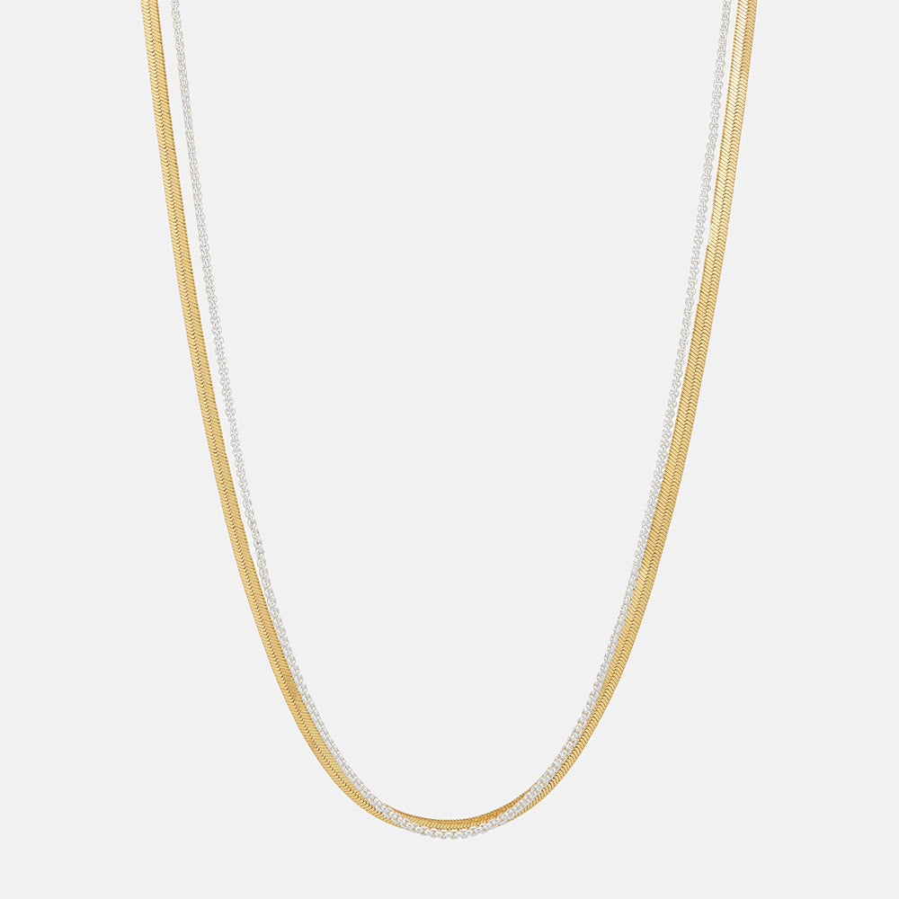 double chain necklace with larger flat gold chain and smaller silver chain