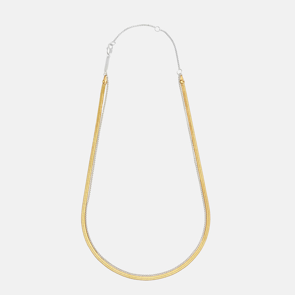 double chain necklace with larger flat gold chain and smaller silver chain