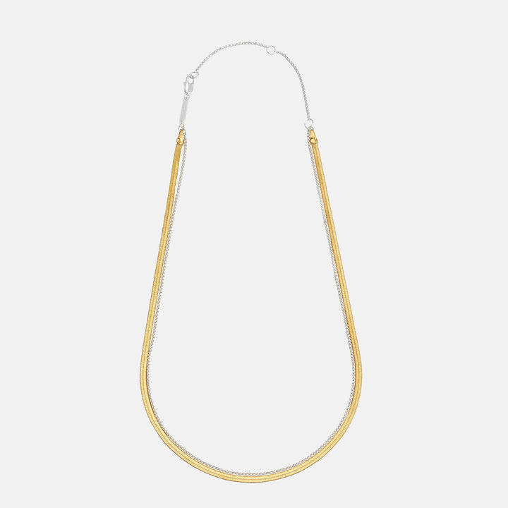 double chain necklace with larger flat gold chain and smaller silver chain