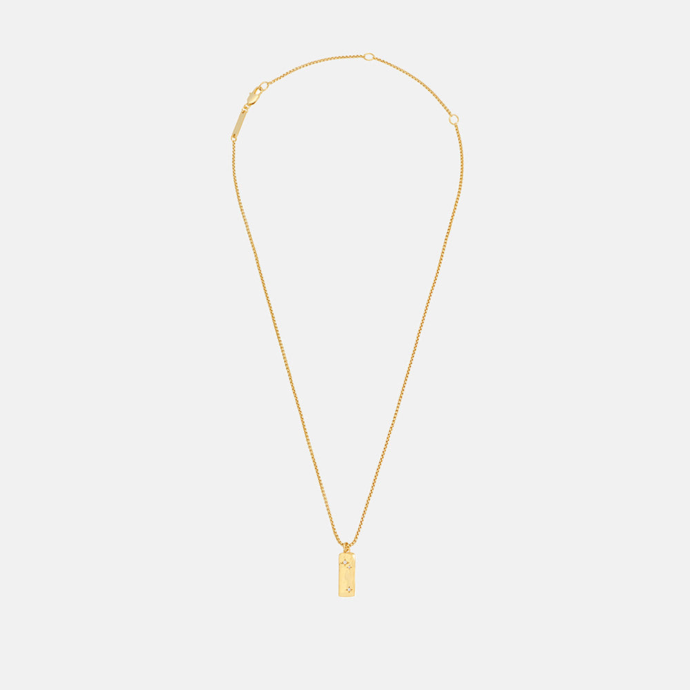 Gold necklace with a pendant on a light grey background