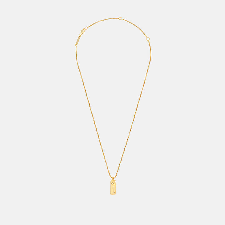 Gold necklace with a pendant on a light grey background