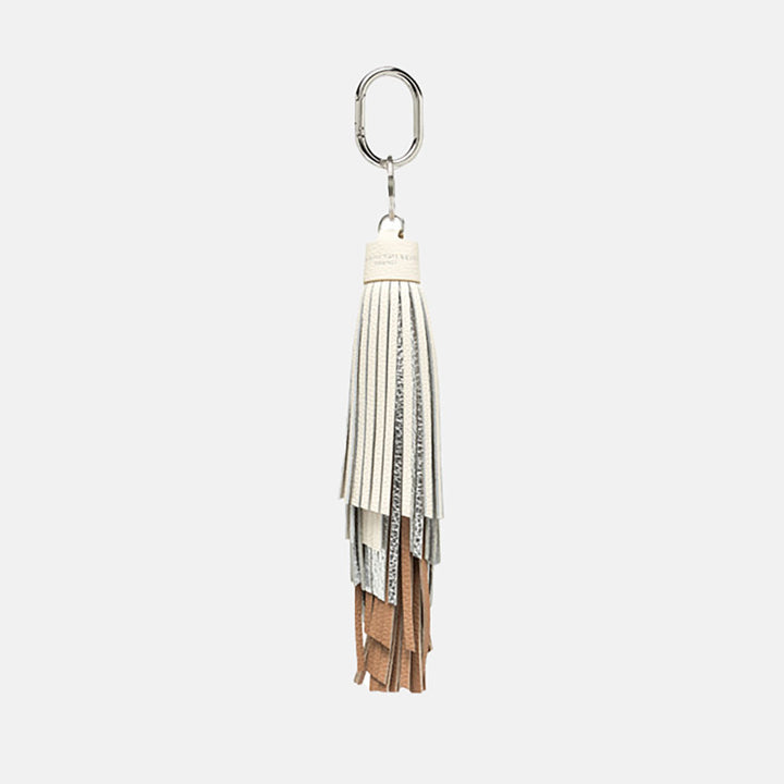 white, silver and brown tasselled leather bag charm with silver snap hook attachment 
