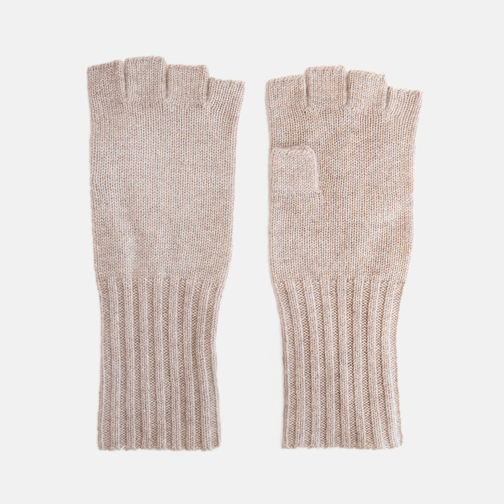 a pair of knitted fingerless gloves in a taupe colour with a ribbed cuff, shown against a white background