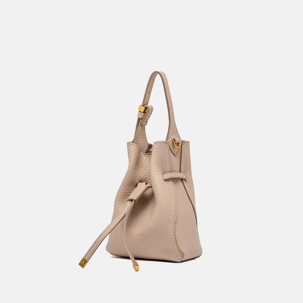 light pink leather bucket bag with adjustable strap