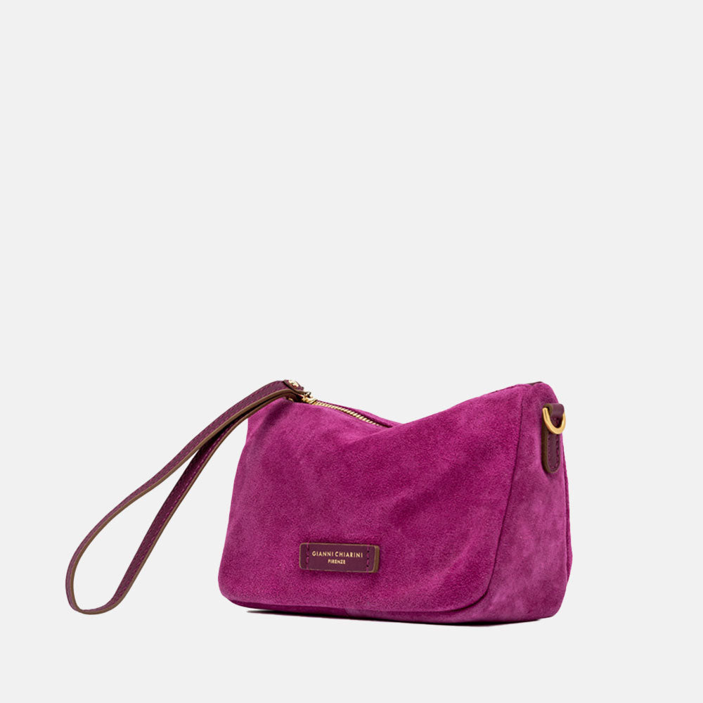 bright pink suede wristlet pouch bag with pink leather wrist strap